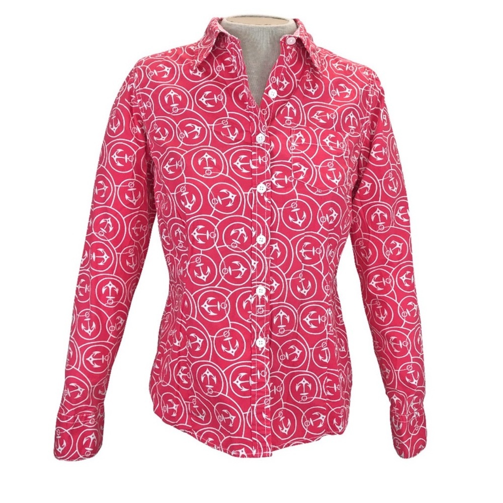LL Bean Pink Nautical Stretchy Button Down Shirt m